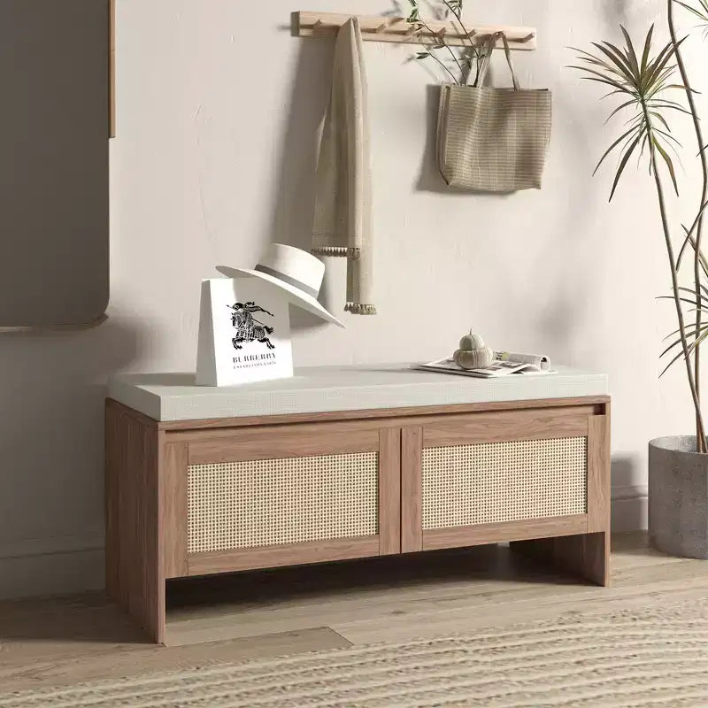 Panca contenitore per scarpe in stile Boho con cuscino, in rattan PP, robusta panca in legno per ingresso con seduta e contenitore, organizer per scarpe a 2 ante