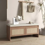 Panca contenitore per scarpe in stile Boho con cuscino, in rattan PP, robusta panca in legno per ingresso con seduta e contenitore, organizer per scarpe a 2 ante