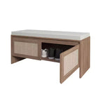 Panca contenitore per scarpe in stile Boho con cuscino, in rattan PP, robusta panca in legno per ingresso con seduta e contenitore, organizer per scarpe a 2 ante