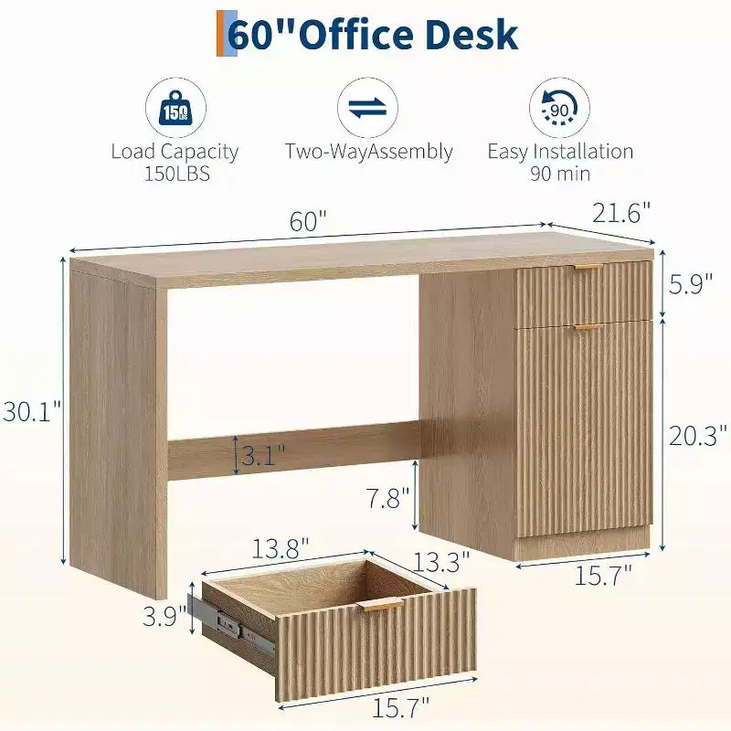 Scrivania direzionale scanalata da 60 pollici con cassetti, scrivania moderna per ufficio domestico con armadietto, postazione di lavoro per computer in legno per lavorare, studiare, scrivere, rovere