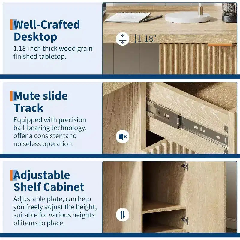Scrivania direzionale scanalata da 60 pollici con cassetti, scrivania moderna per ufficio domestico con armadietto, postazione di lavoro per computer in legno per lavorare, studiare, scrivere, rovere