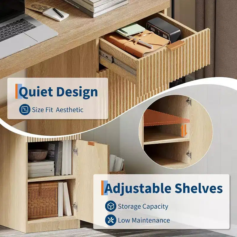 Scrivania direzionale scanalata da 60 pollici con cassetti, scrivania moderna per ufficio domestico con armadietto, postazione di lavoro per computer in legno per lavorare, studiare, scrivere, rovere