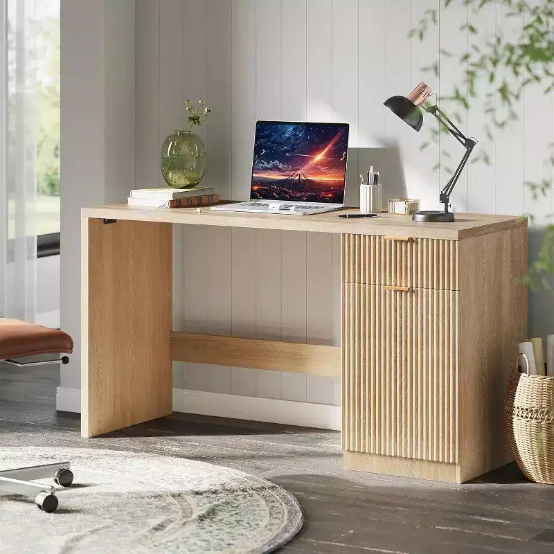 Scrivania direzionale scanalata da 60 pollici con cassetti, scrivania moderna per ufficio domestico con armadietto, postazione di lavoro per computer in legno per lavorare, studiare, scrivere, rovere