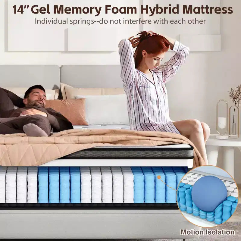Materasso king size da 14 pollici, materasso ibrido in gel memory foam in scatola, supporto a molle insacchettate con isolamento del movimento e sollievo dalla pressione, rigidità media, CertiPUR-US