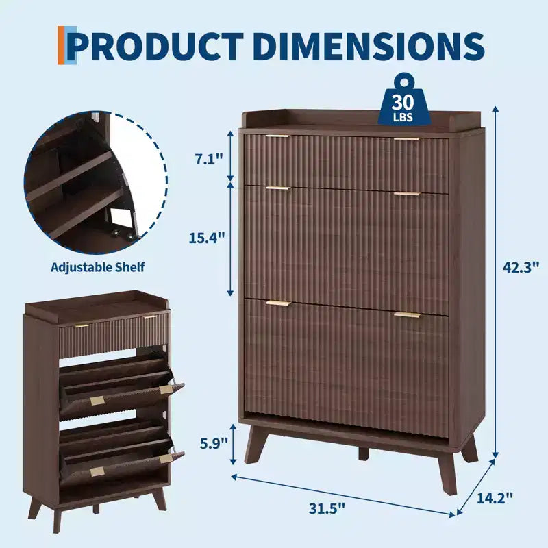 Scarpiera in Legno Scanalato per Ingresso con 2 Cassetti a Ribalta, Organizer Porta Scarpe Stretto Nascosto da 122 cm per Corridoio, Autoportante