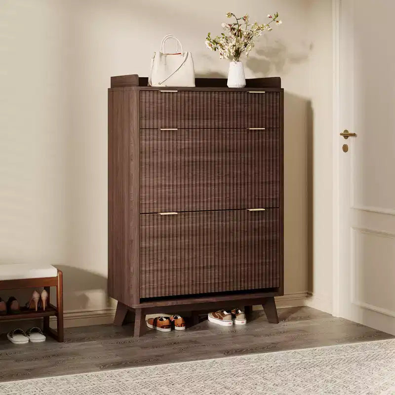 Fluted Wood Shoe Storage Cabinet for Entryway with 2 Flip Drawers, 48 Tall Freestanding Hidden Narrow Shoe Organizer Rack for Hallway