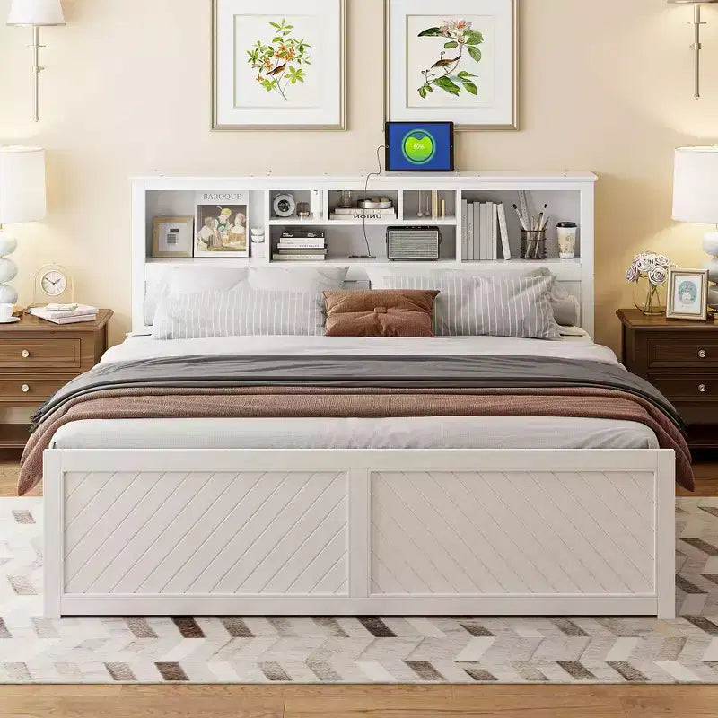 Letto a piattaforma King Size in legno con testiera multi-storage, USB e cassetti