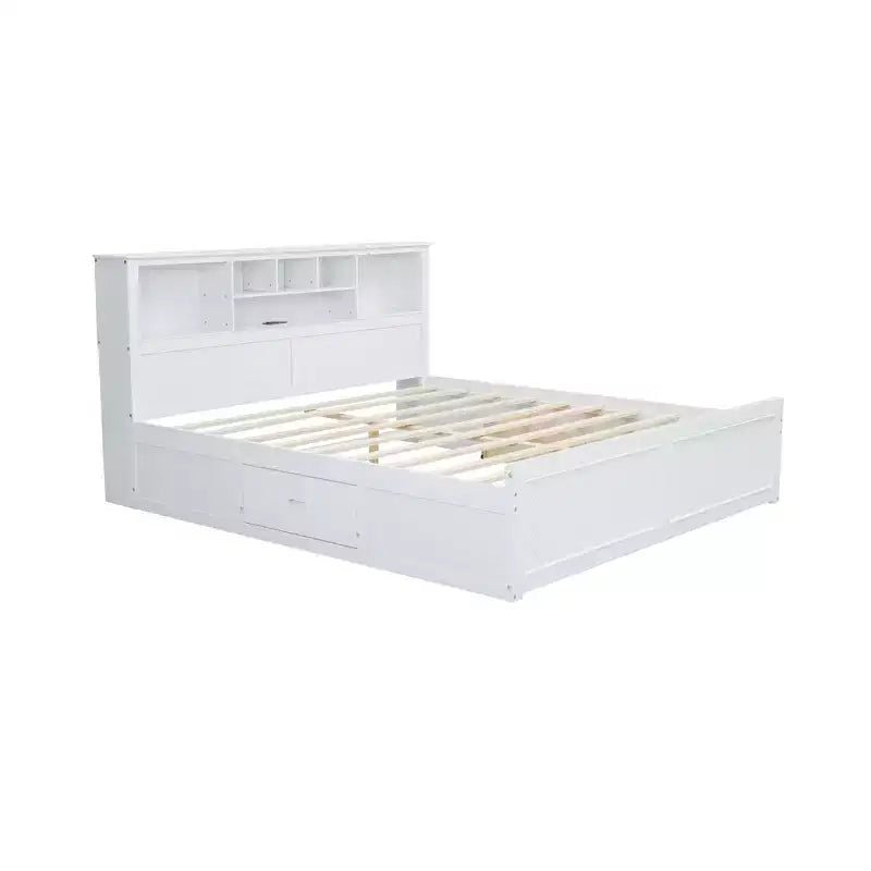 Letto a piattaforma King Size in legno con testiera multi-storage, USB e cassetti