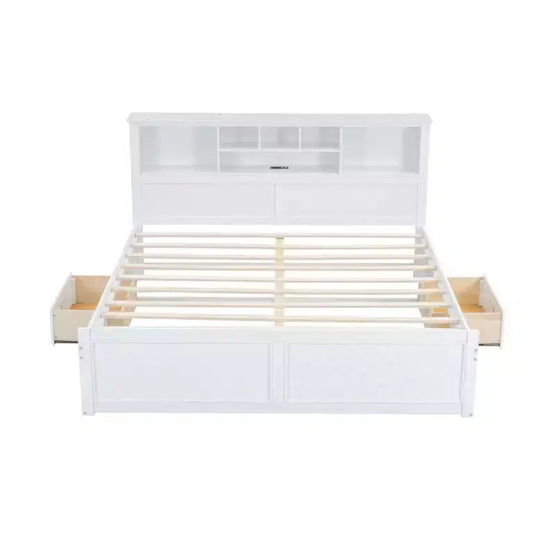Letto a piattaforma King Size in legno con testiera multi-storage, USB e cassetti