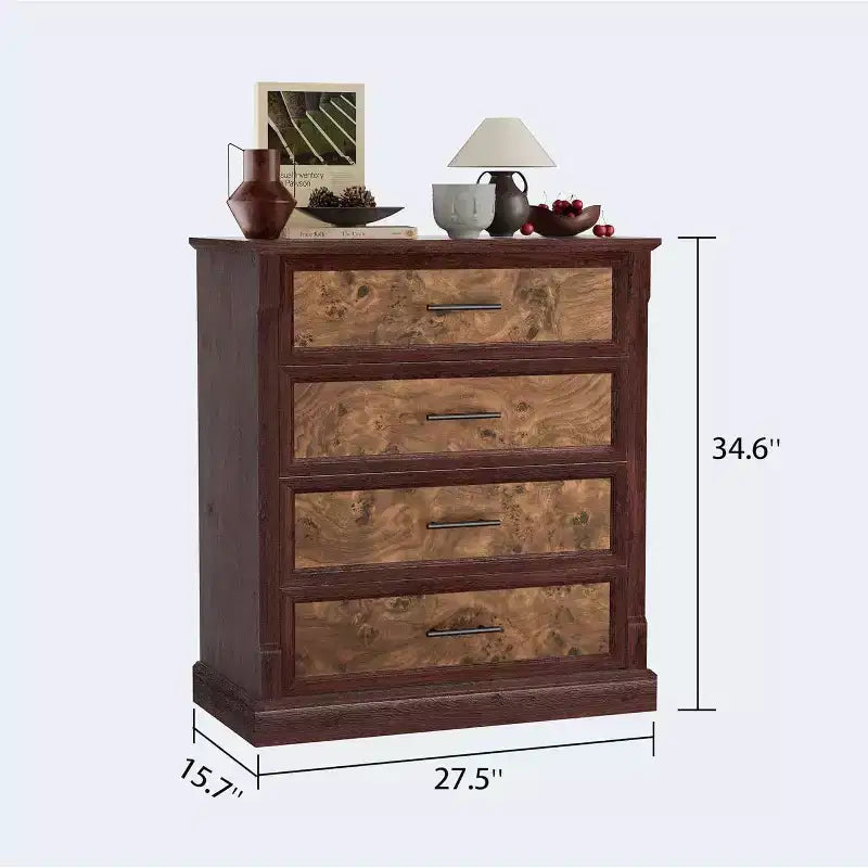 Comò a 4 cassetti stile rustico per camera da letto, cassettiera alta con maniglie in metallo, comò TV rustico in legno, per soggiorno, corridoio