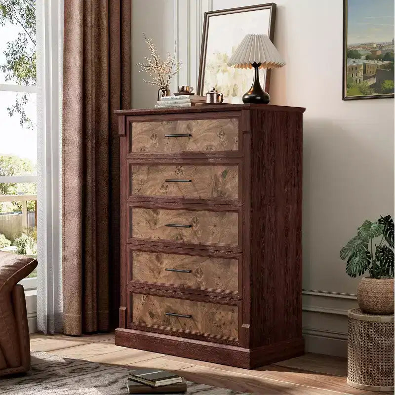 Comò a 4 cassetti stile rustico per camera da letto, cassettiera alta con maniglie in metallo, comò TV rustico in legno, per soggiorno, corridoio