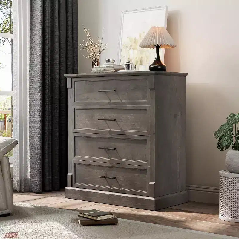 Comò a 4 cassetti stile rustico per camera da letto, cassettiera alta con maniglie in metallo, comò TV rustico in legno, per soggiorno, corridoio