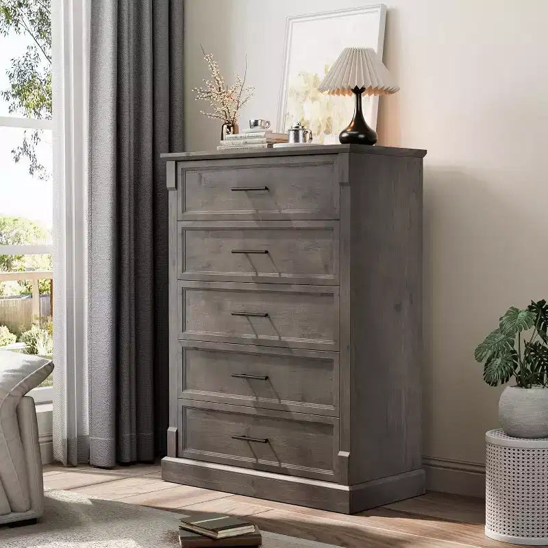 Comò a 4 cassetti stile rustico per camera da letto, cassettiera alta con maniglie in metallo, comò TV rustico in legno, per soggiorno, corridoio