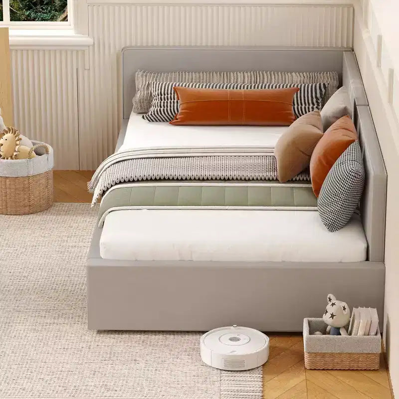 Letto da giorno doppio con sponde, struttura letto angolare imbottita in velluto con testiera per camera da letto dei bambini