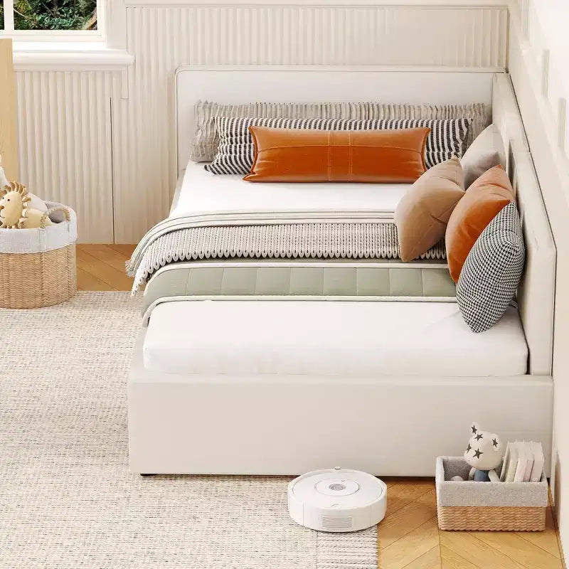 Letto da giorno doppio con sponde, struttura letto angolare imbottita in velluto con testiera per camera da letto dei bambini