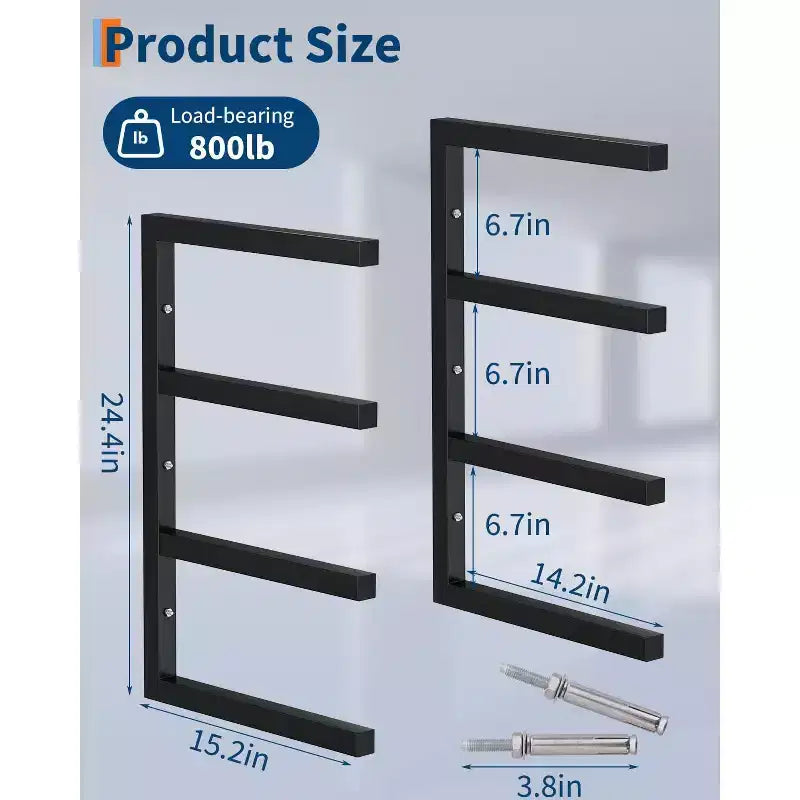 Porta Legna, Organizzatore per Legname a 4 Ripiani da Parete, Scaffali in Acciaio Resistente da 1600 libbre di Capacità per Capanno Officina Garage Nero