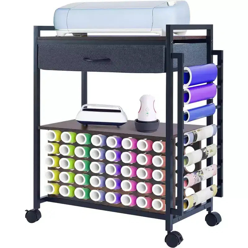 Acekool Craft Organizer Rolling Cart, Storage Workstation with Fabric Drawer, 47 Vinyl Roll Holder & Hooks for Craft Room