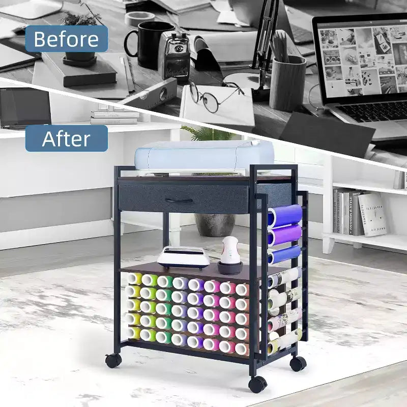 Carrello Organizzatore per Hobby Creativi, Postazione di Lavoro con Cassetto in Tessuto, Portarotoli per Vinile (47) e Ganci per Stanza del Crafting