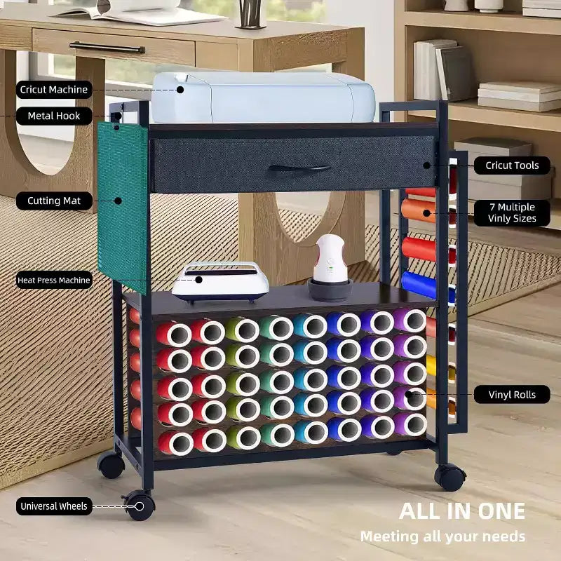 Carrello Organizzatore per Hobby Creativi, Postazione di Lavoro con Cassetto in Tessuto, Portarotoli per Vinile (47) e Ganci per Stanza del Crafting