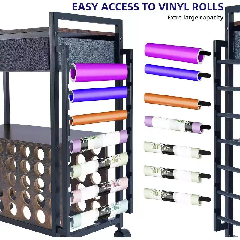 Carrello Organizzatore per Hobby Creativi, Postazione di Lavoro con Cassetto in Tessuto, Portarotoli per Vinile (47) e Ganci per Stanza del Crafting
