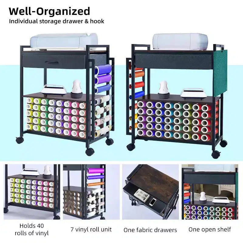 Carrello Organizzatore per Hobby Creativi, Postazione di Lavoro con Cassetto in Tessuto, Portarotoli per Vinile (47) e Ganci per Stanza del Crafting