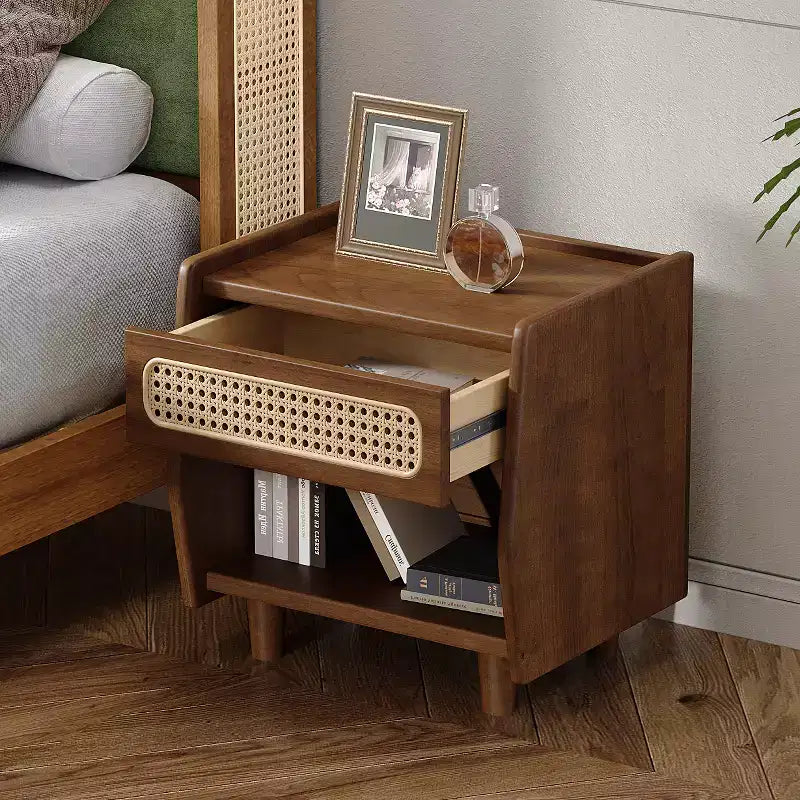 Comodino Moderno in Rattan con 1 Ripiano Aperto e 1 Cassetto