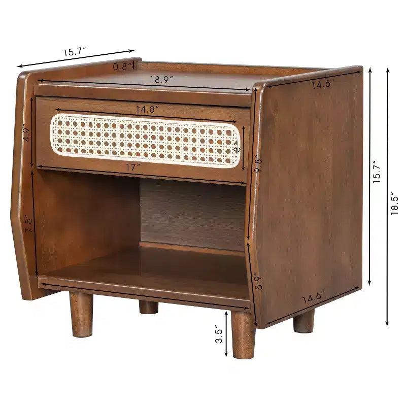 Comodino Moderno in Rattan con 1 Ripiano Aperto e 1 Cassetto