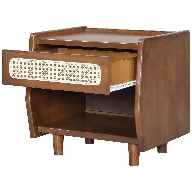 Comodino Moderno in Rattan con 1 Ripiano Aperto e 1 Cassetto