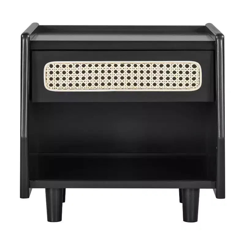 Comodino Moderno in Rattan con 1 Ripiano Aperto e 1 Cassetto