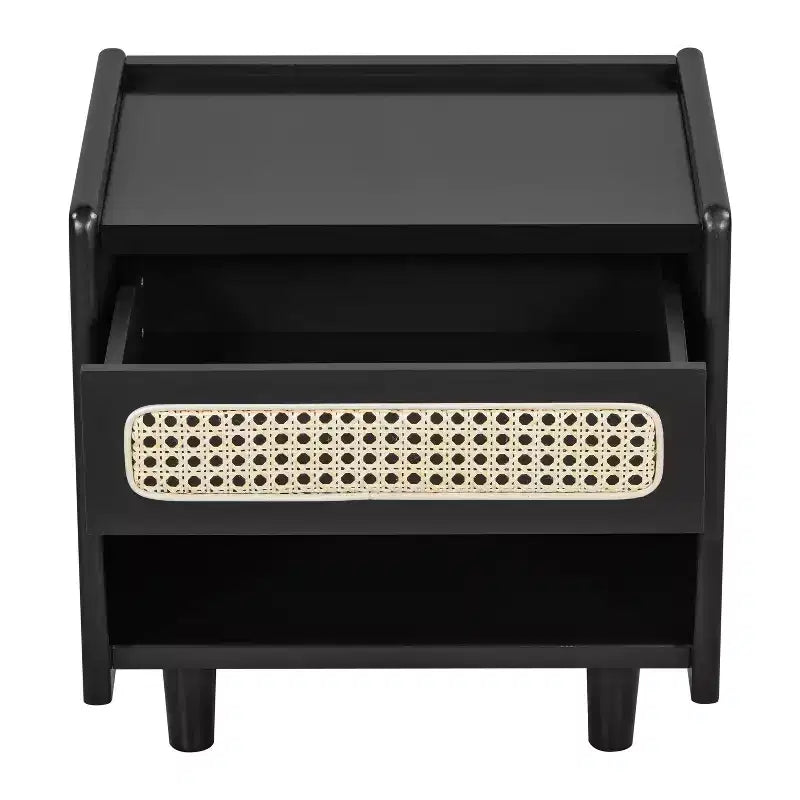 Comodino Moderno in Rattan con 1 Ripiano Aperto e 1 Cassetto