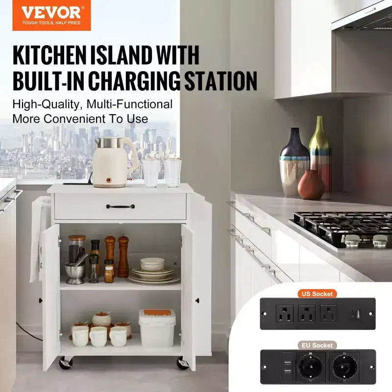 Carrello da Cucina con Ruote e Stazione di Ricarica, Bianco