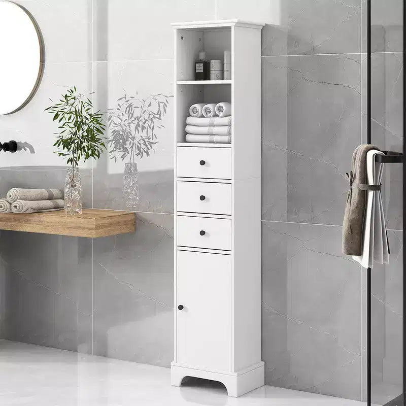 Mobiletto contenitore indipendente, mobiletto a pavimento in MDF con 3 cassetti, 2 ripiani aperti e 1 anta per bagno, cucina, soggiorno