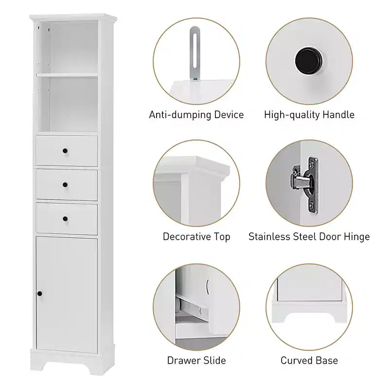 Mobiletto contenitore indipendente, mobiletto a pavimento in MDF con 3 cassetti, 2 ripiani aperti e 1 anta per bagno, cucina, soggiorno