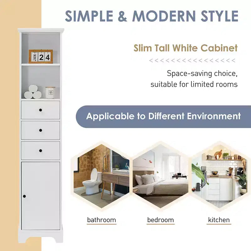 Mobiletto contenitore indipendente, mobiletto a pavimento in MDF con 3 cassetti, 2 ripiani aperti e 1 anta per bagno, cucina, soggiorno