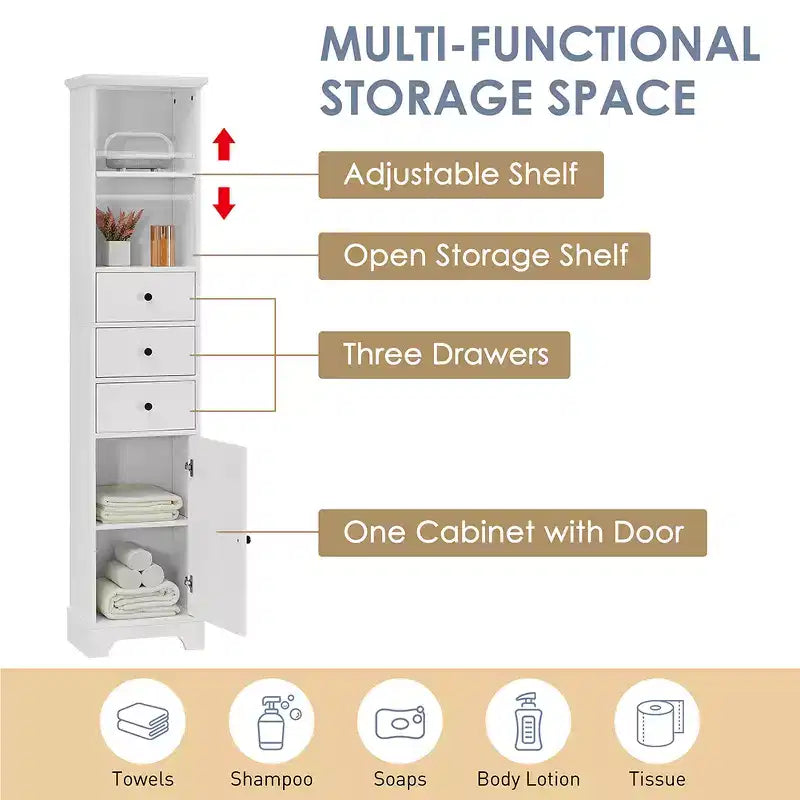 Mobiletto contenitore indipendente, mobiletto a pavimento in MDF con 3 cassetti, 2 ripiani aperti e 1 anta per bagno, cucina, soggiorno