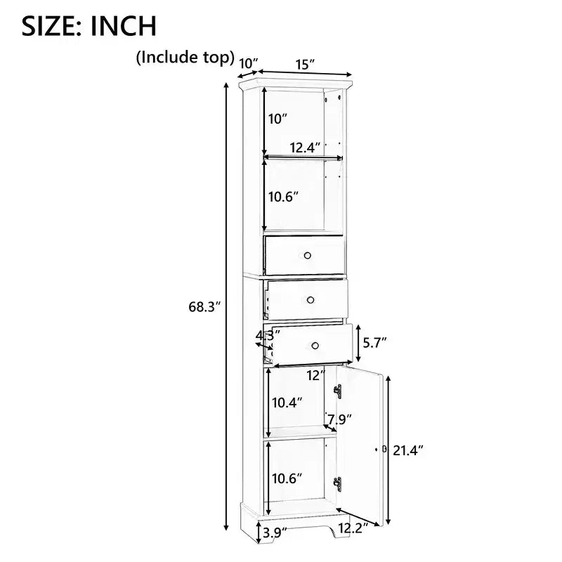Mobiletto contenitore indipendente, mobiletto a pavimento in MDF con 3 cassetti, 2 ripiani aperti e 1 anta per bagno, cucina, soggiorno