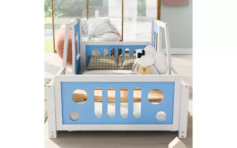 Struttura letto a pavimento Twin Size, struttura letto a piattaforma a forma di auto classica con ruote decorative e portiere laterali, letto per bambini in robusto legno di pino