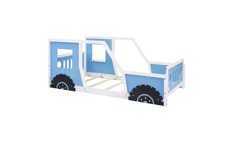 Struttura letto a pavimento Twin Size, struttura letto a piattaforma a forma di auto classica con ruote decorative e portiere laterali, letto per bambini in robusto legno di pino