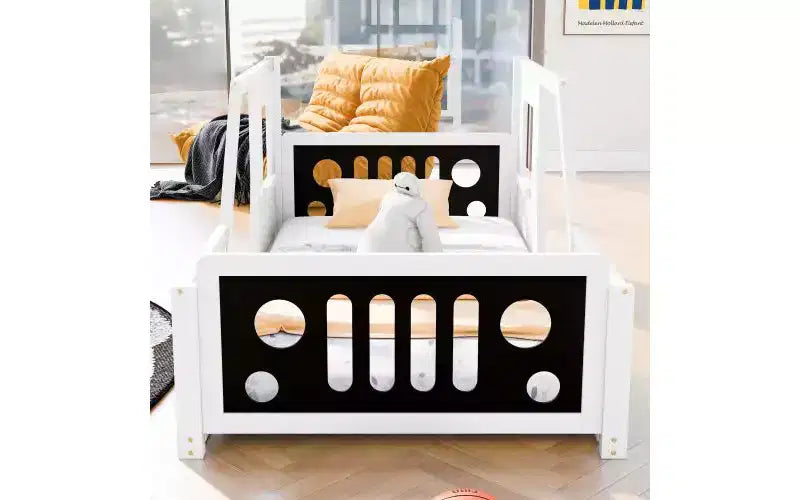 Struttura letto a pavimento Twin Size, struttura letto a piattaforma a forma di auto classica con ruote decorative e portiere laterali, letto per bambini in robusto legno di pino