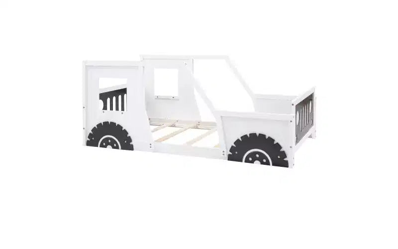 Struttura letto a pavimento Twin Size, struttura letto a piattaforma a forma di auto classica con ruote decorative e portiere laterali, letto per bambini in robusto legno di pino