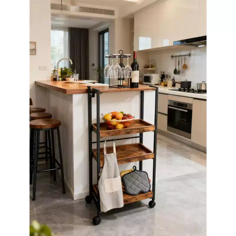 Carrello Pieghevole con Ruote Bloccabili, Scaffale in Legno a 4 Livelli, Carrello Portaoggetti Espandibile da Cucina, Scaffalatura da Garage con Carico da 45 kg