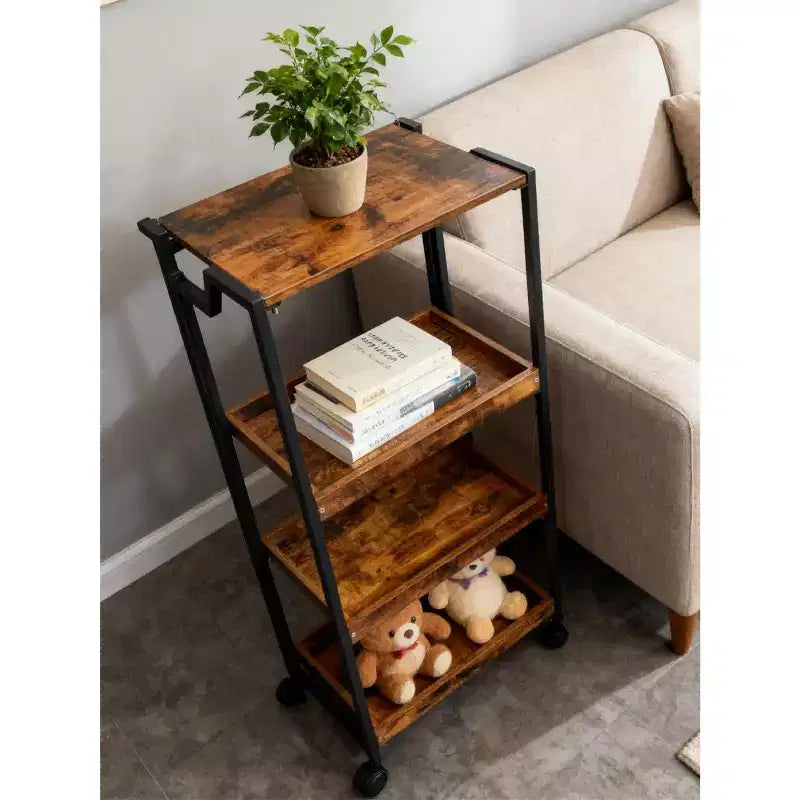 Carrello Pieghevole con Ruote Bloccabili, Scaffale in Legno a 4 Livelli, Carrello Portaoggetti Espandibile da Cucina, Scaffalatura da Garage con Carico da 45 kg