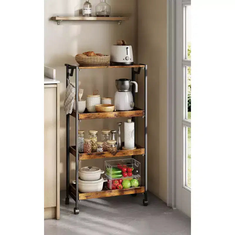 Carrello Pieghevole con Ruote Bloccabili, Scaffale in Legno a 4 Livelli, Carrello Portaoggetti Espandibile da Cucina, Scaffalatura da Garage con Carico da 45 kg