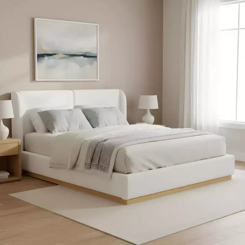 Struttura letto in legno con rivestimento Bouclé, base e testiera integrati