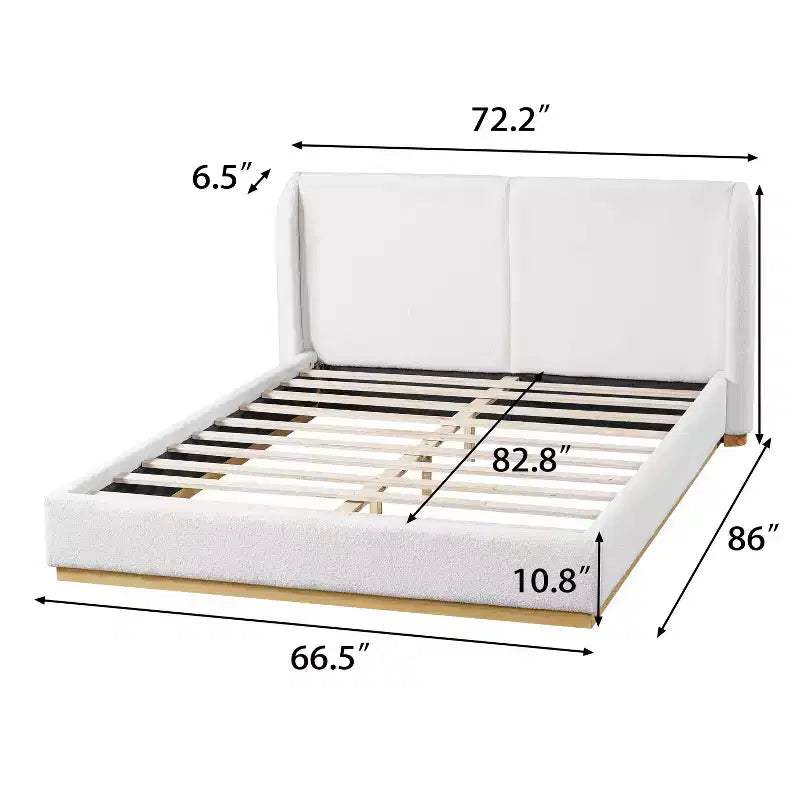 Struttura letto in legno con rivestimento Bouclé, base e testiera integrati