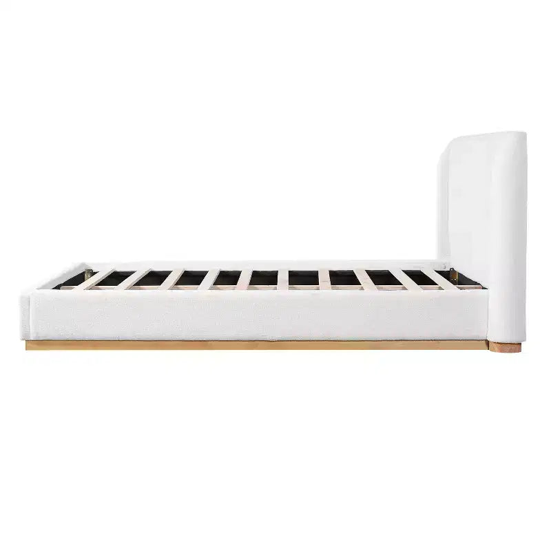 Struttura letto in legno con rivestimento Bouclé, base e testiera integrati