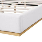 Struttura letto in legno con rivestimento Bouclé, base e testiera integrati