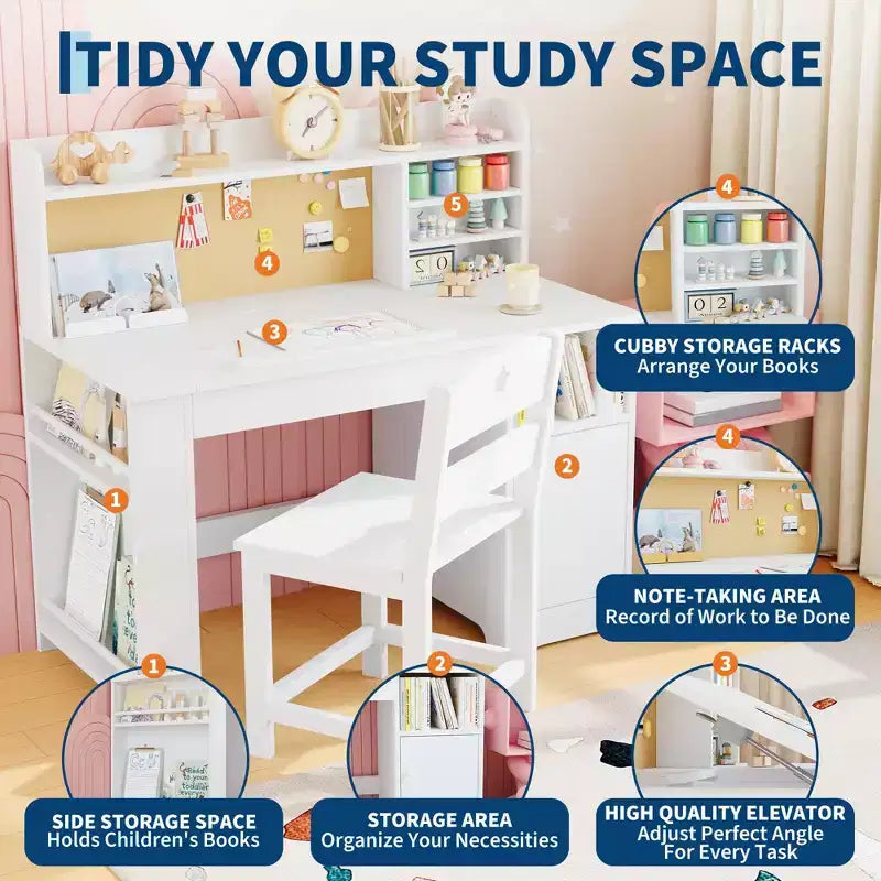 Scrivania e sedia per bambini con contenitore, scrivania per bambini con libreria e inclinabile, per 3-8 anni, tavolo da scrittura per studenti per la cameretta