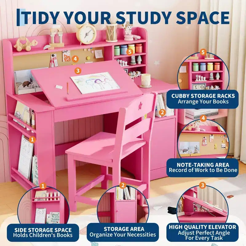 Scrivania e sedia per bambini con contenitore, scrivania per bambini con libreria e inclinabile, per 3-8 anni, tavolo da scrittura per studenti per la cameretta