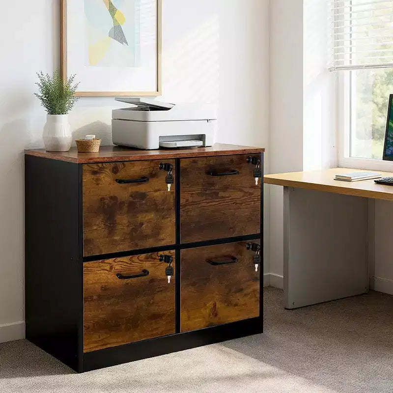 4 Drawer File Cabinet with Lock, Wooden Locked File Cabinets Printer Stand for Home Office, Lockable Filing Cabinet for Letter/A4 Size Files